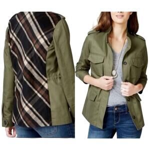 Lucky Brand Womens Olive Cargo Jacket Plaid Back Utility Jacket S